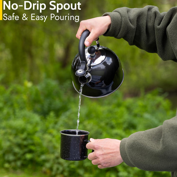 Trail 2L Whistling Camping Kettle, Polished Stainless Steel, Durable & Lightweight, Easy Pour Spout, Folding Heat Resistant Handle, Fast Boil Travel Kettle, Outdoor Fishing Hiking, 15cm x 18cm, 0.42kg