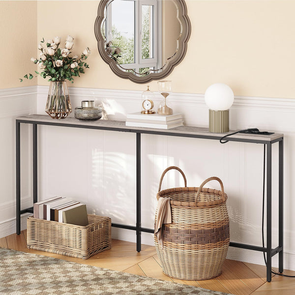 MAHANCRIS Console Table with Power Outlet, 180 CM Narrow Sofa Table, Industrial Entryway Table with USB Ports, Behind Couch Table for Entryway,