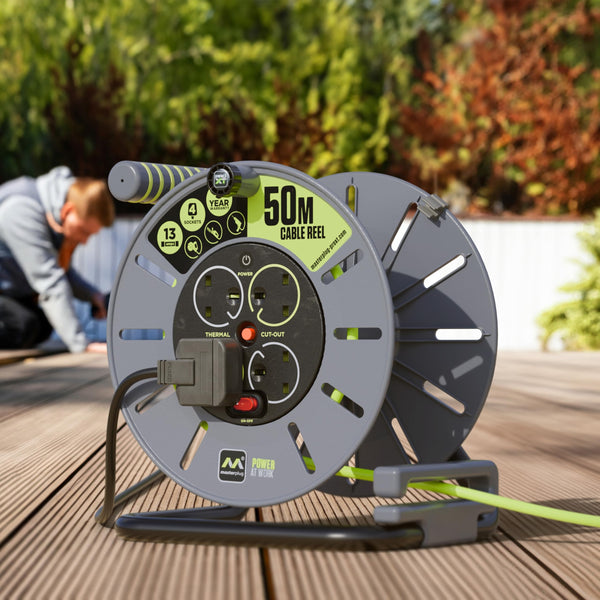 Masterplug Pro-XT Four Socket Open Cable Reel Extension Lead with Winding Handle, Thermal Cut Out and Power Switch, 25 Metres High Visibility Cable , Green