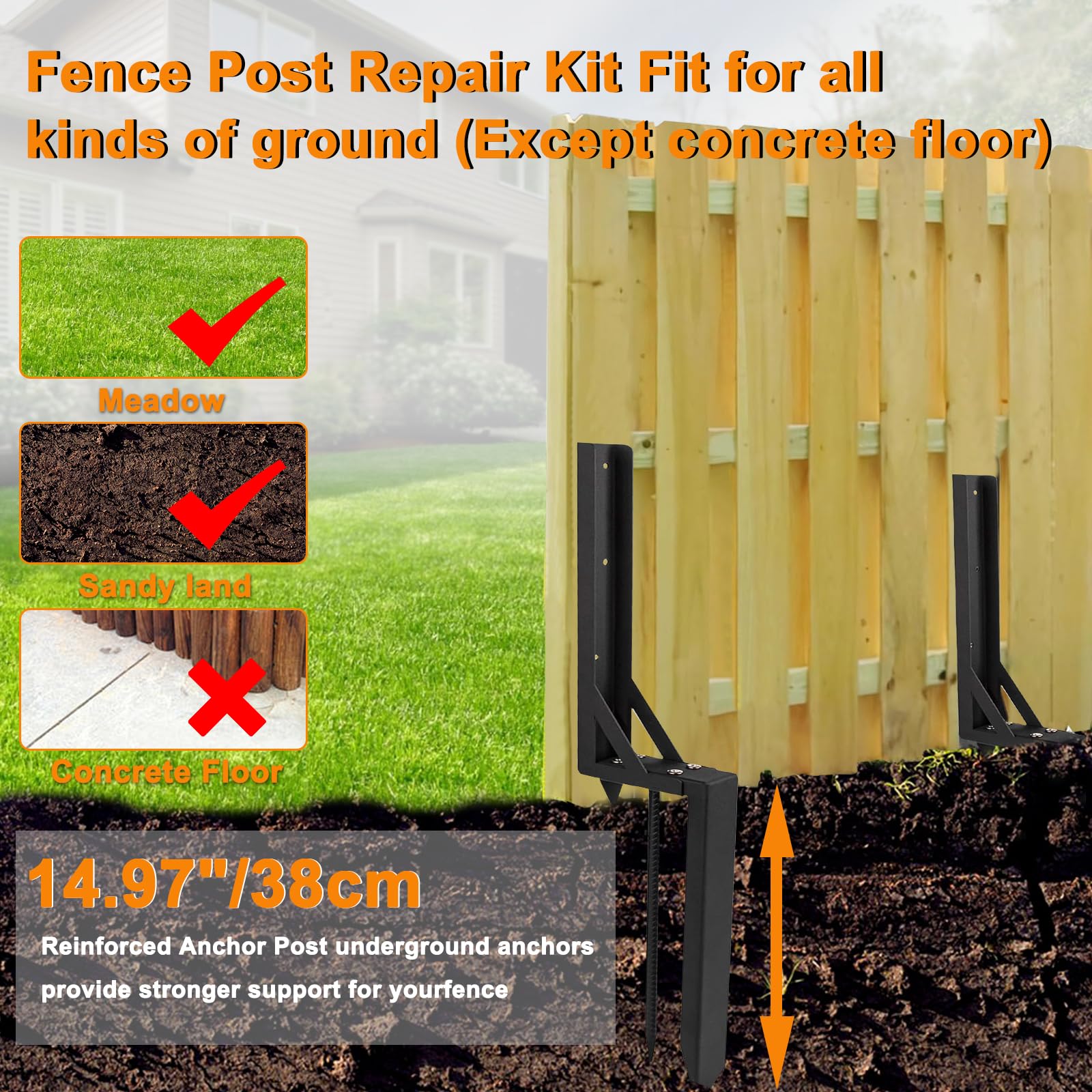 Fence Post Repair Spike - 2 Pack Heavy Duty Fence Post Support Ground Spike for Tilted or Broken Wooden Fence Posts, Durable Garden Fencing Solution