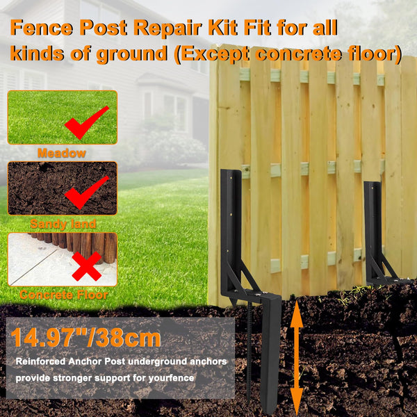 Fence Post Repair Spike - 2 Pack Heavy Duty Fence Post Support Ground Spike for Tilted or Broken Wooden Fence Posts, Durable Garden Fencing Solution