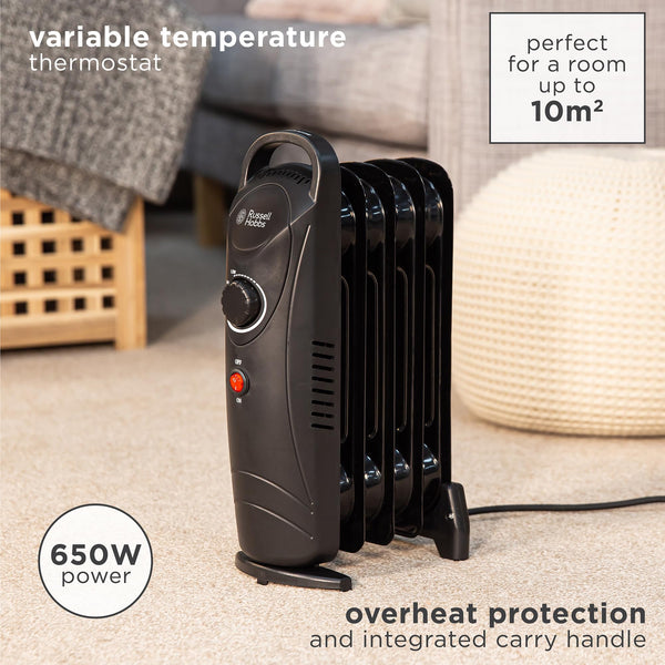 Russell Hobbs 1500W/1.5KW Oil Filled Radiator, 7 Fin Portable Electric Heater - White, Adjustable Thermostat with 3 Heat Settings, Safety Cut-off, 15 m sq Room Size, RHOFR5001, 2 Year Guarantee