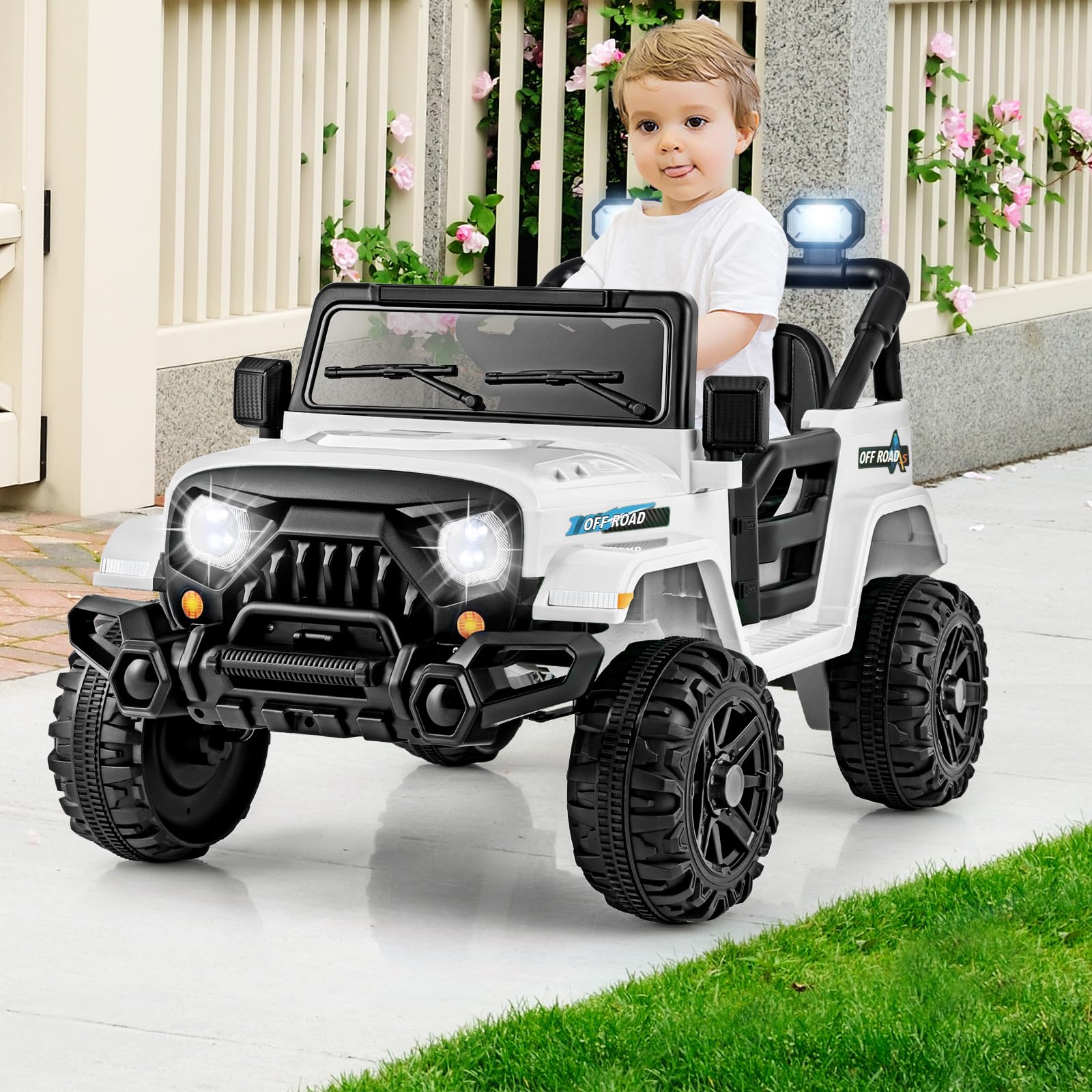 COSTWAY 12V Kids Ride on Car, 2 Motors Electric Off Road Truck with Remote Control, LED Lights, Music, Horn & Wireless Connection, Battery Powered Ride on Toy for Boys Girls (Black)