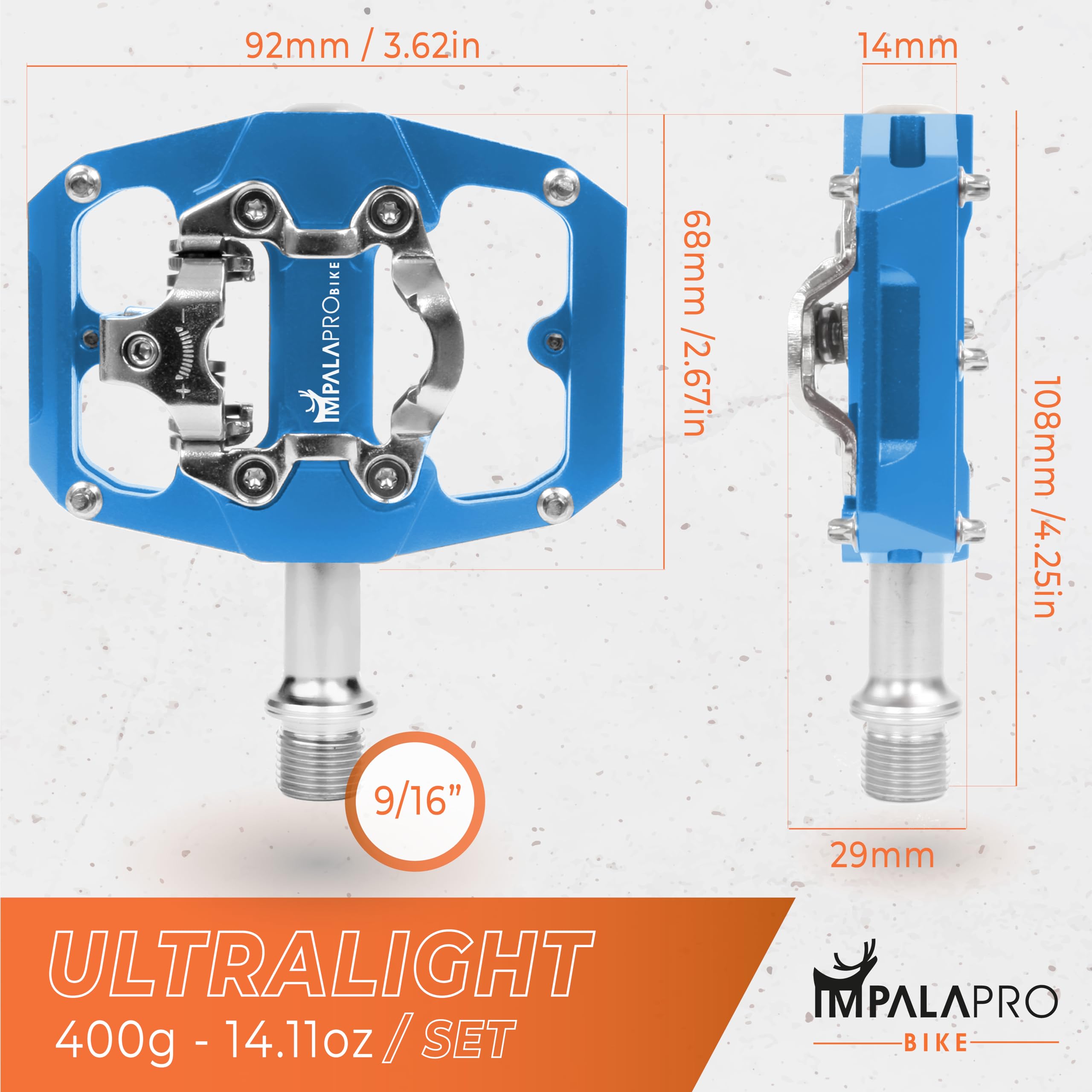 IMPALAPRO - Dual Function Bicycle Pedals 9/16'' Compatible with Shimano - Flat and SPD Clipless Pedals (Blue)