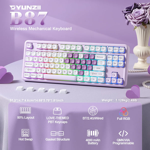 YUNZII B87 Wireless Mechanical Keyboard,QMK/VIA Software Custom Gaming,Gasket RGB Keyboard with Cute MOA Keycaps,Wrist Rest,BT5.0/2.4G/USB-C NKRO for Win/Mac (butter, milk v2 linear)