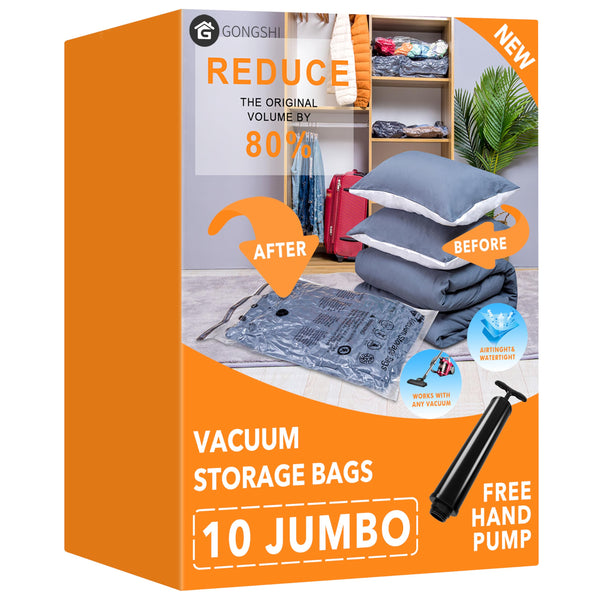 GONGSHI Vacuum Storage Bags (3 x Jumbo, 3 x Large, 3 x Medium, 3 x Small), Space Saver Sealer Compression Bags with Travel Hand Pump