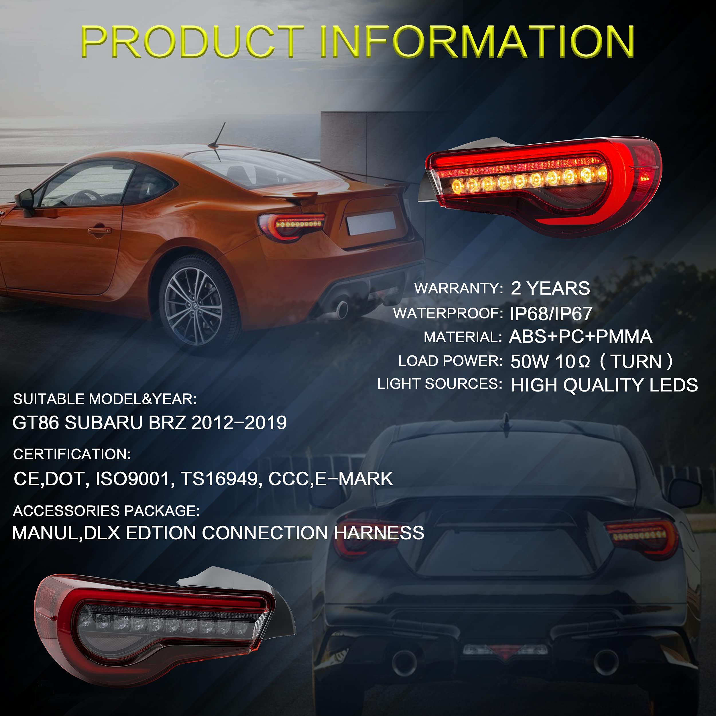 VLAND LED Tail Lights Compatible with Toyota 86 GT86 2012-2020/Subaru BRZ 2013-2020/Scion FR-S 2013-2020, Full LED Rear Light with Sequential Indicator, Red White Lens