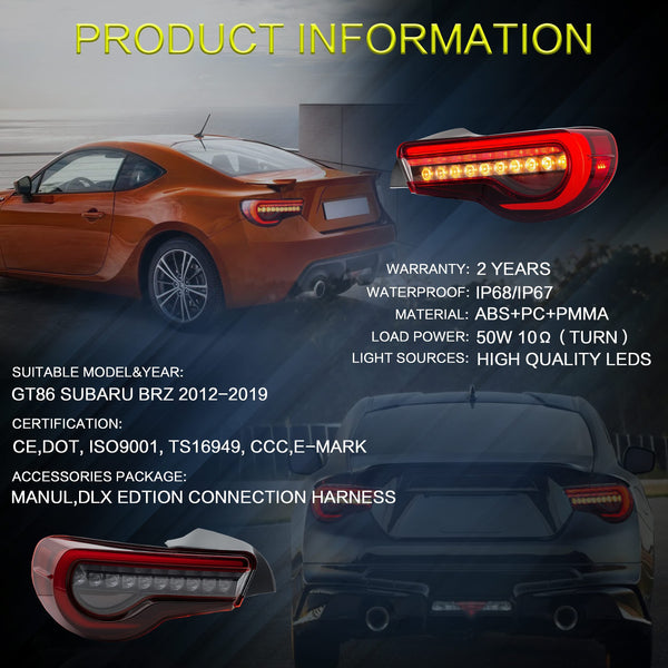 VLAND LED Tail Lights Compatible with Toyota 86 GT86 2012-2020/Subaru BRZ 2013-2020/Scion FR-S 2013-2020, Full LED Rear Light with Sequential Indicator, Red White Lens