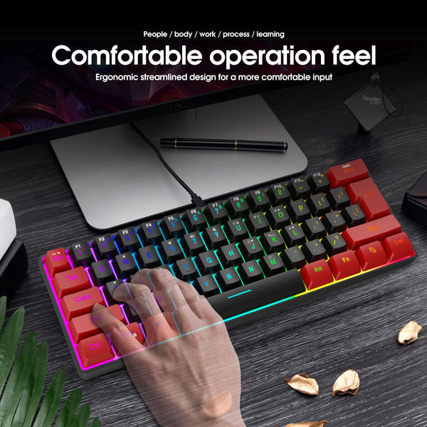 Snpurdiri 60% Wired Mechanical Gaming Keyboard, Mini 61-Key With Red Switches for PC, Windows XP, Win 7, Win 10 (Black-Red)
