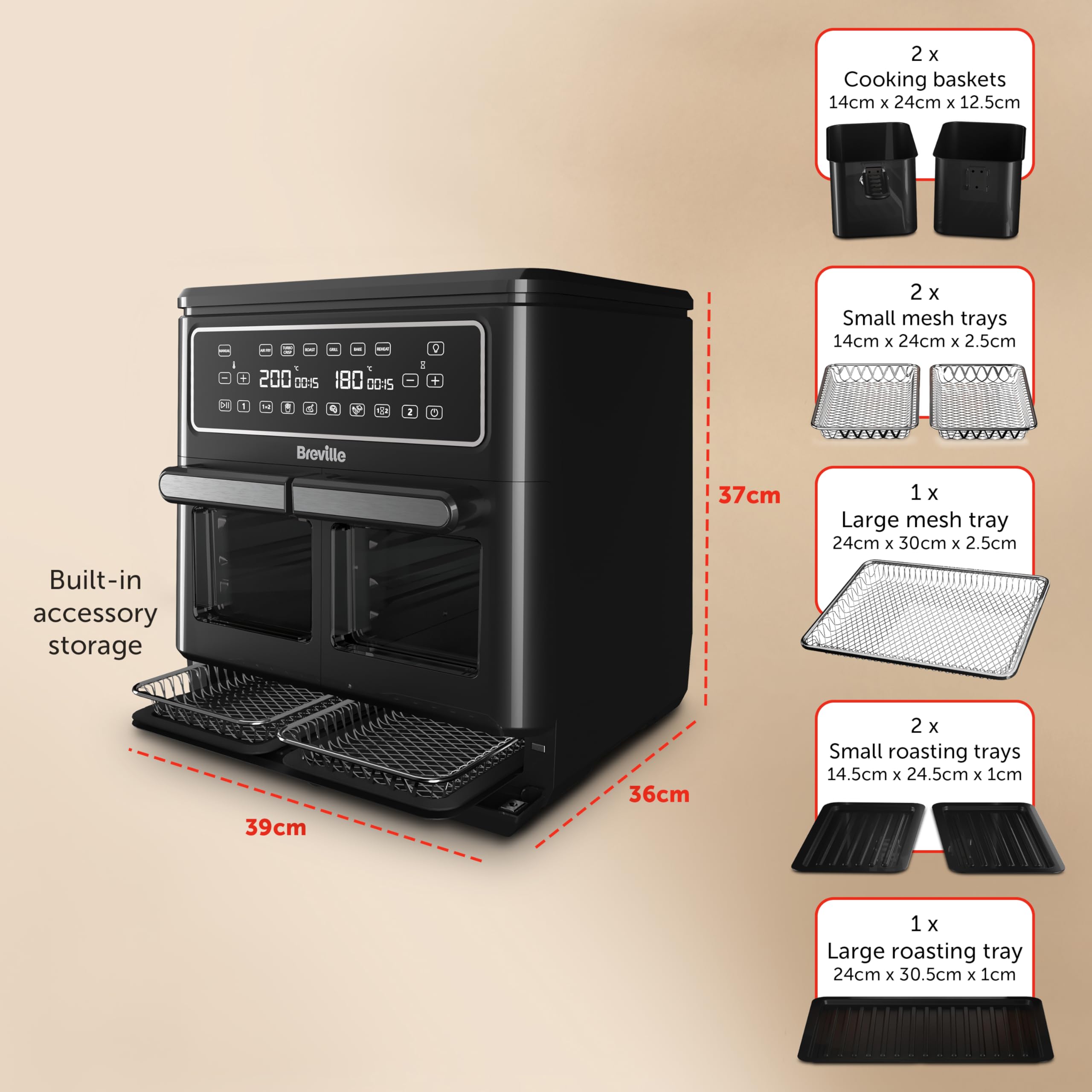 Breville Halo Flexi Air Fryer & Large Mesh Tray | Digital Dual Air Fryer Oven | 11L: Serves 10+ | Fry, Bake, Grill, Roast & Reheat | 2400 W | Save £65 a Year on Energy Bills* | Black [VDF138]