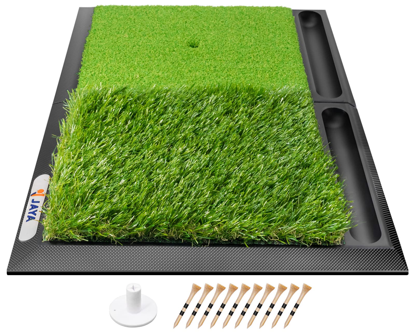 JAYA Golf Hitting Mat with Ball Tray, Heavy Rubber Base, Fairway & Rough Turf Golf Training Mat, Golf Tees and Rubber Tee Holder Included, Portable