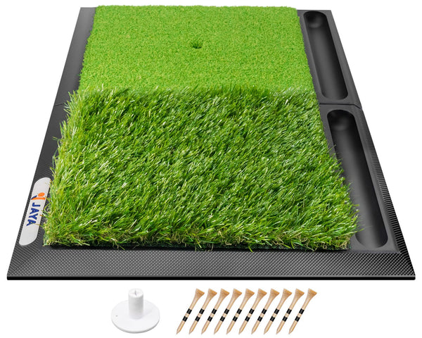 JAYA Golf Hitting Mat with Ball Tray, Heavy Rubber Base, Fairway & Rough Turf Golf Training Mat, Golf Tees and Rubber Tee Holder Included, Portable