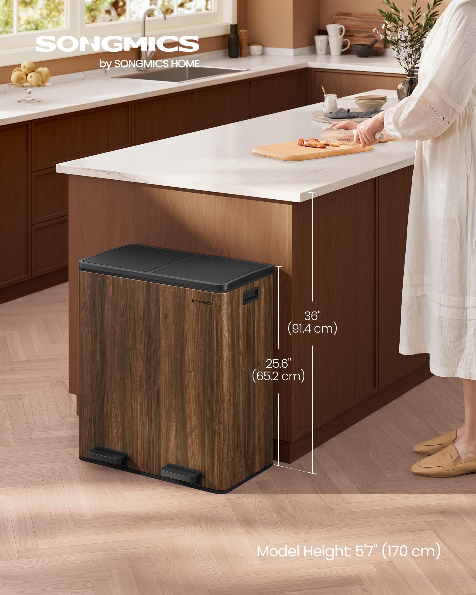 SONGMICS Dual Rubbish Bin, 2 x 30 L Recycling Bin with 15 Rubbish Bags, 2-Compartment Metal Pedal Bin with Lids and Plastic Inner Buckets, Soft Closure, Slate Grey LTB060G01