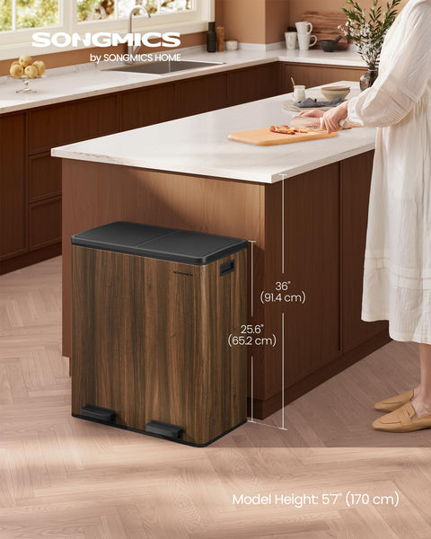 SONGMICS Dual Rubbish Bin, 2 x 30 L Recycling Bin with 15 Rubbish Bags, 2-Compartment Metal Pedal Bin with Lids and Plastic Inner Buckets, Soft Closure, Slate Grey LTB060G01