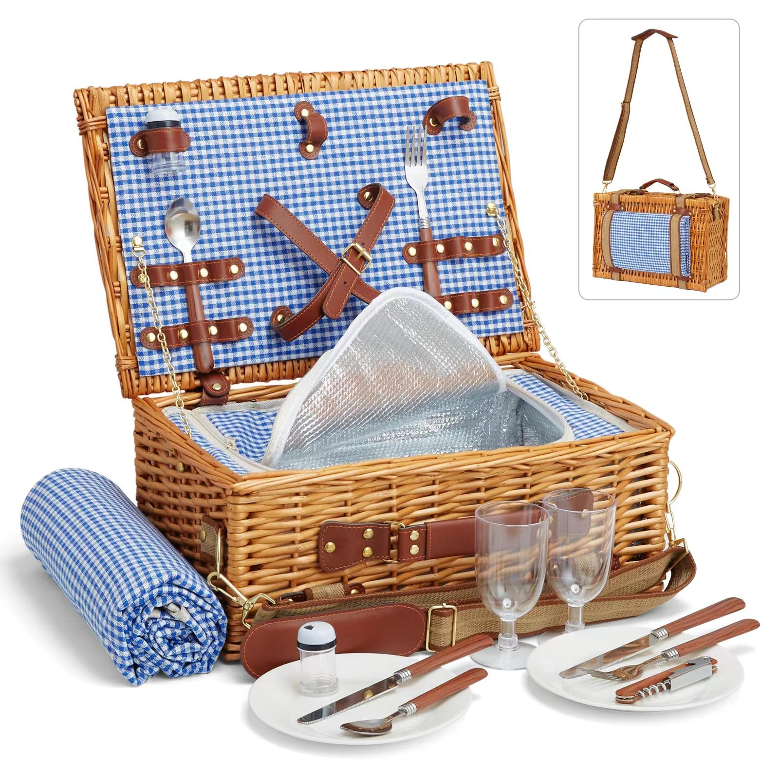 DHAEE Wicker Picnic Basket Set for 2 Person with Cooler Compartment and Waterproof Picnic Blanket,Removable Strap,Cutlery Set,for Camping,Day