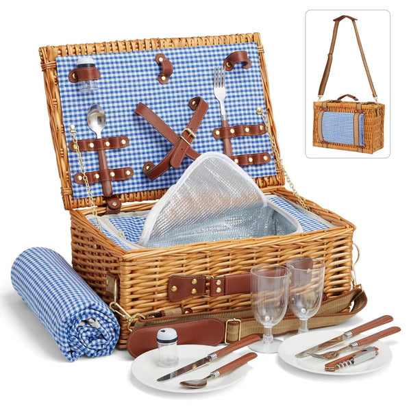 DHAEE Wicker Picnic Basket Set for 2 Person with Cooler Compartment and Waterproof Picnic Blanket,Removable Strap,Cutlery Set,for Camping,Day