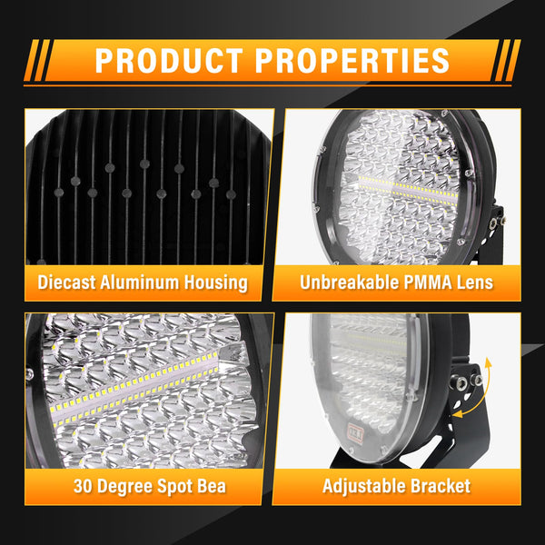 RIGIDON 2 Pcs Black Case Round Led Work Light, 9 inch 294W Spot Beam, 12V 24V Driving Lights Lamp Headlight for Car Off road Boat Truck 4x4 SUV ATV Tractors Excavator, 6000K White, Fog Lamp