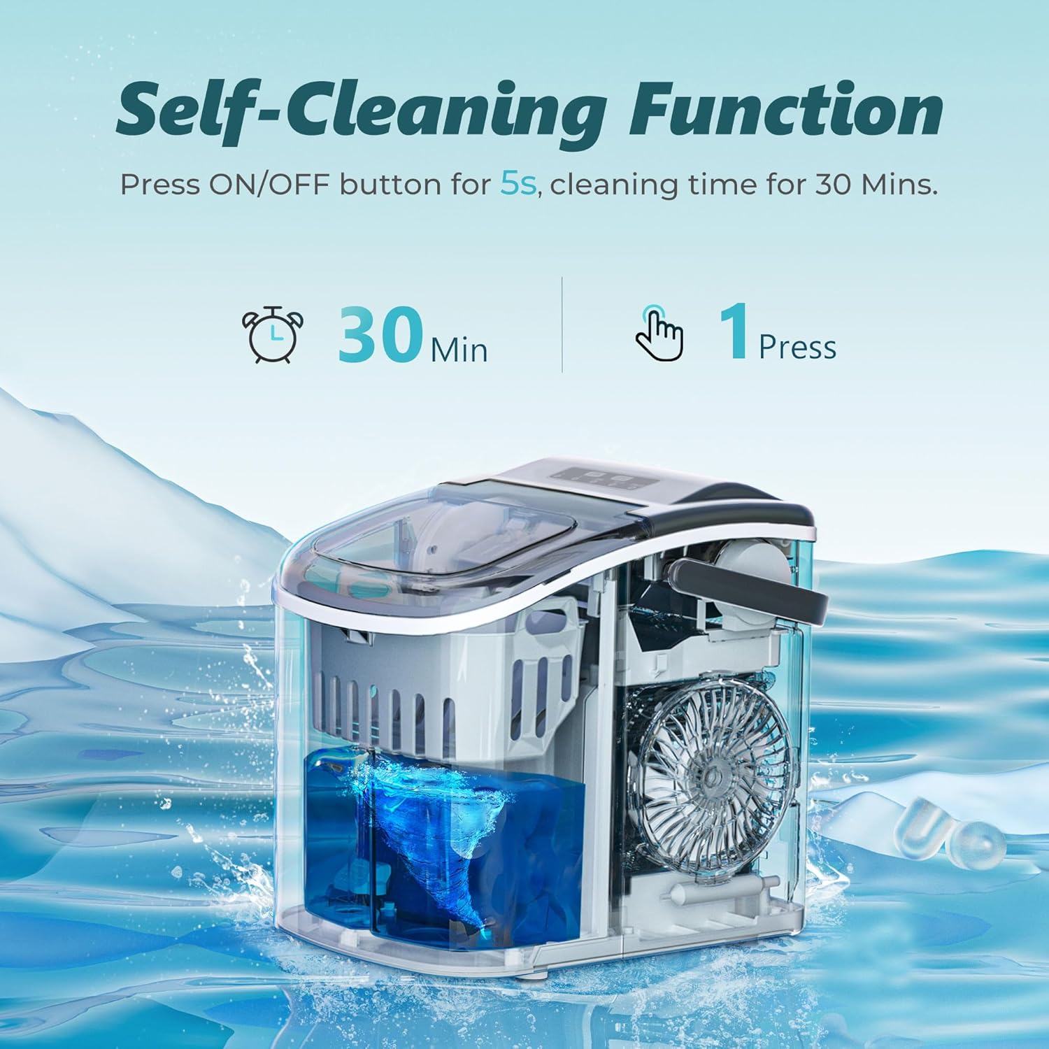 Ice Maker Machine Countertop Ice Cube Maker with Portable Handle, 9 Ice Cubes in 6 Mins, Self-Cleaning Compact Ice Maker 12 kg in 24 Hrs, with Ice Scoop and Basket for Home/Kitchen/Office/Bar