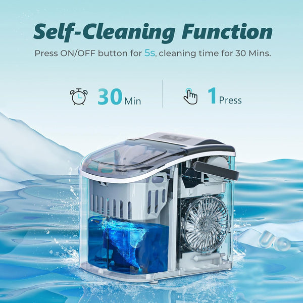 Ice Maker Machine Countertop Ice Cube Maker with Portable Handle, 9 Ice Cubes in 6 Mins, Self-Cleaning Compact Ice Maker 12 kg in 24 Hrs, with Ice Scoop and Basket for Home/Kitchen/Office/Bar