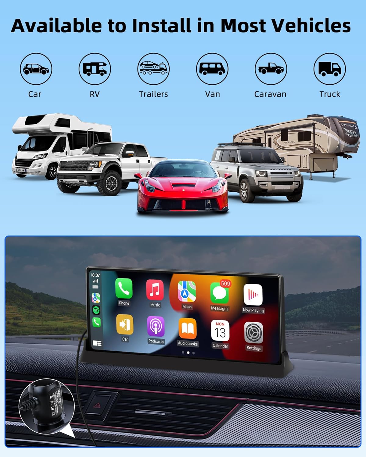 【Unique Bracket】10.26" Apple Carplay Screen Apple Car Play & Android Auto GPS Navigation Touch Screen with 1080P Reversing Camera Car Audio Receivers with FM/Bluetooth/Mirror Link/Siri