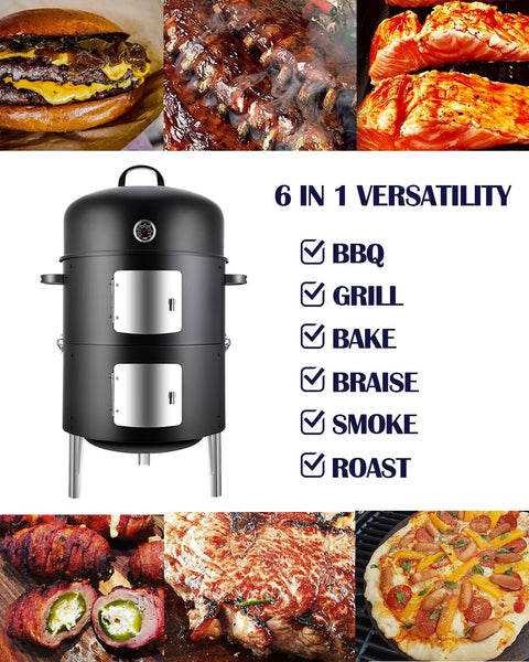 SUNLIFER Charcoal BBQ Grill, Heavy Duty 3-in-1 Barbecue Smoker Grill for Garden Camping Outdoor Cooking and Grilling 89x56x43CM