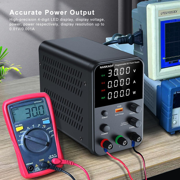 DC power supply (0-30V,0-10A) adjustable, switching power supplies, mini high precision 4-digit display with USB fast charging interface, variable lab bench power supply, output button/encoder knob