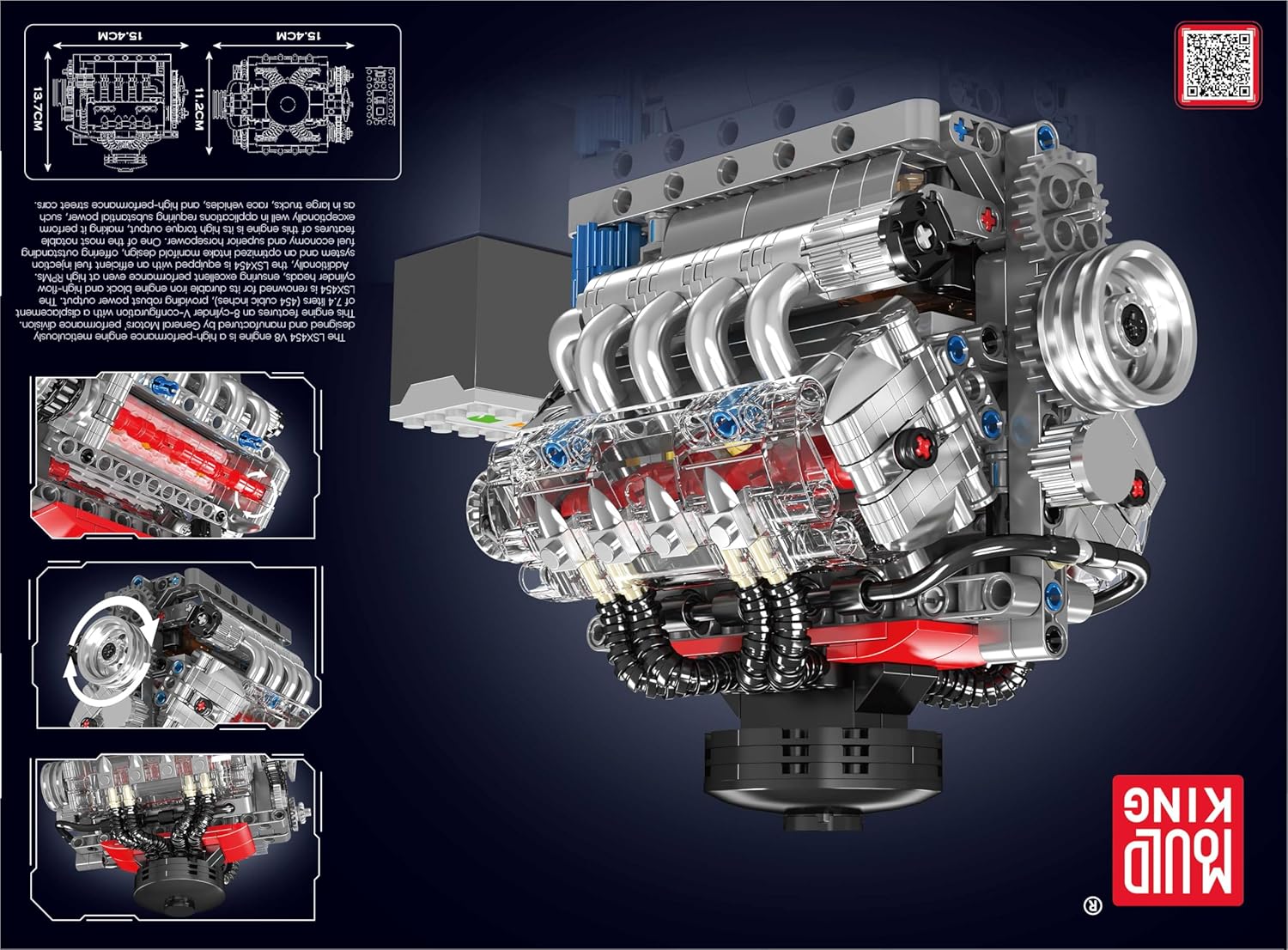 Mould King 10171 Technik V8 Engine Model Building Kit - 487 PCS to Build Your Own Mini Engine That Works - DIY STEM Project for Kids/Teens, MOC Hobby Building Blocks Kit for Adults