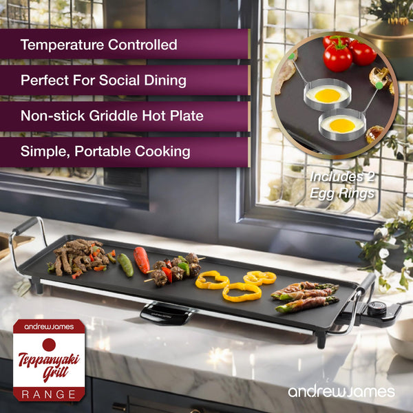 Andrew James Teppanyaki Grill Plate | XL Non-Stick Flat top Grill with Hot Plate | Teppanyaki Electric Griddle with 8 Wooden Spatulas and 2 Cooking
