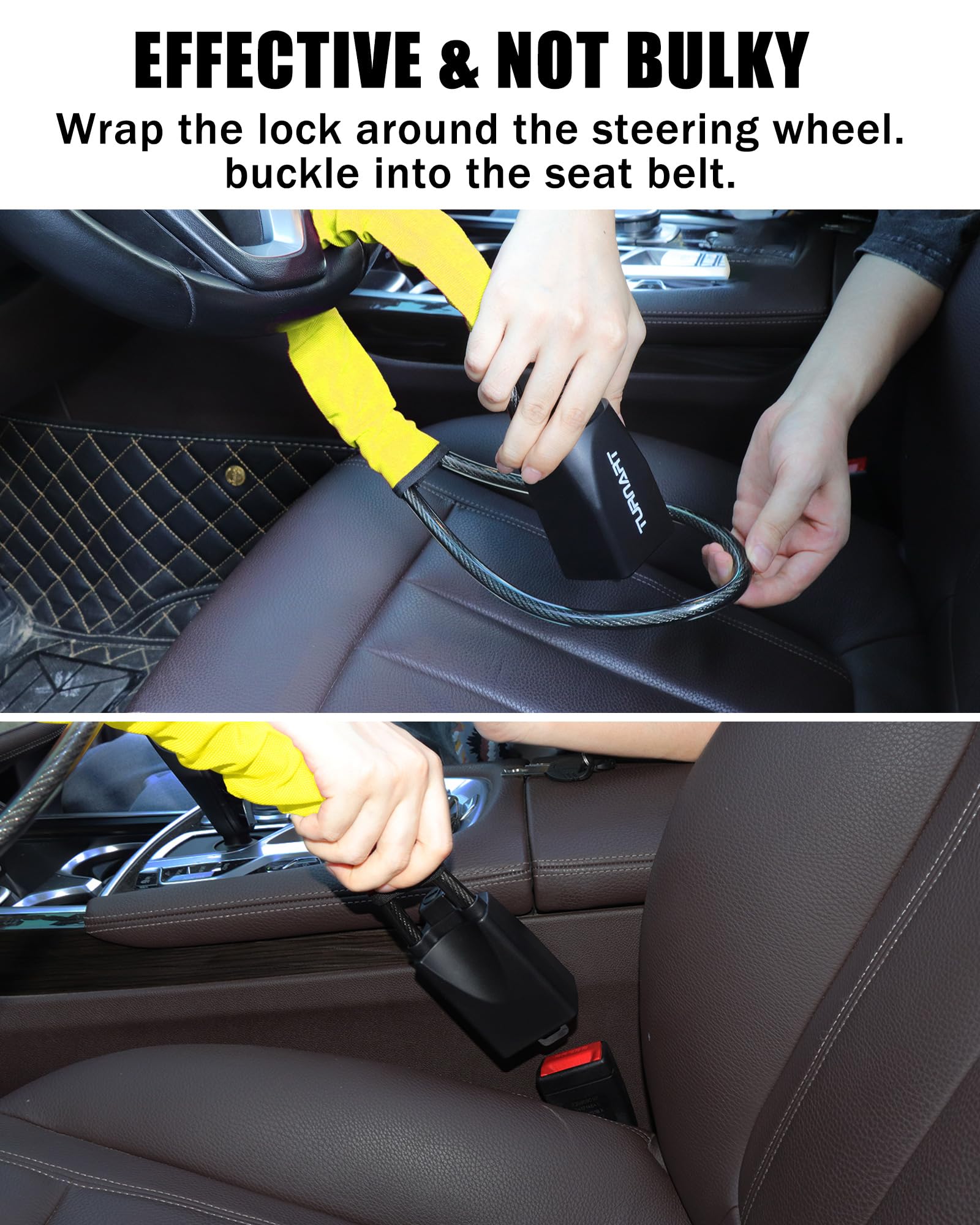 Turnart Steering Wheel Lock Seat Belt Lock Universal Fit Most Vehicles Sturdy Lock for Car Truck SUV Van Security with 3 Keys (Yellow)