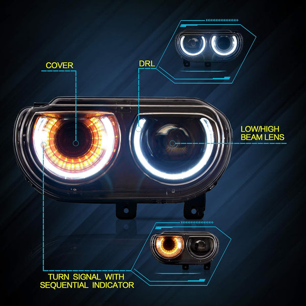 VLAND LED Headlights Fit for 2008-2014 Dodge Challenger 3rd Gen Coupe, Front Lights with Sequential Turn Signal