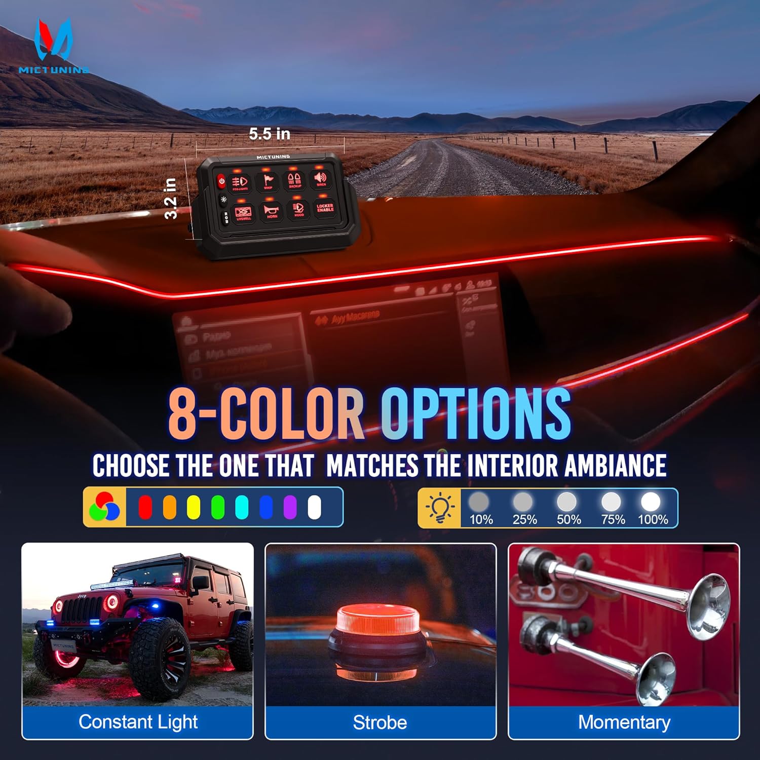 MICTUNING P1s Wireless RGB 8 Gang Switch Panel, Remote Control Range Up to 165FT Plug and Play Multifunction Toggle Momentary Strobe Circuit Control Relay System Box for Off Road Truck SUV UTV RV