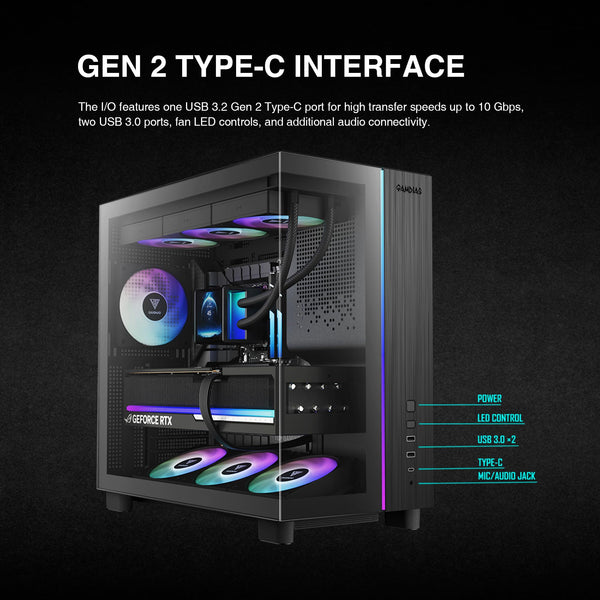 GAMDIAS PC Case, ATX Gaming Mid Tower, No-Hub, Real-time Monitor, Seamless Tempered Glass, Pre-install 3 x 120 mm ARGB PWM Fans, Side Vents Perforated, Black