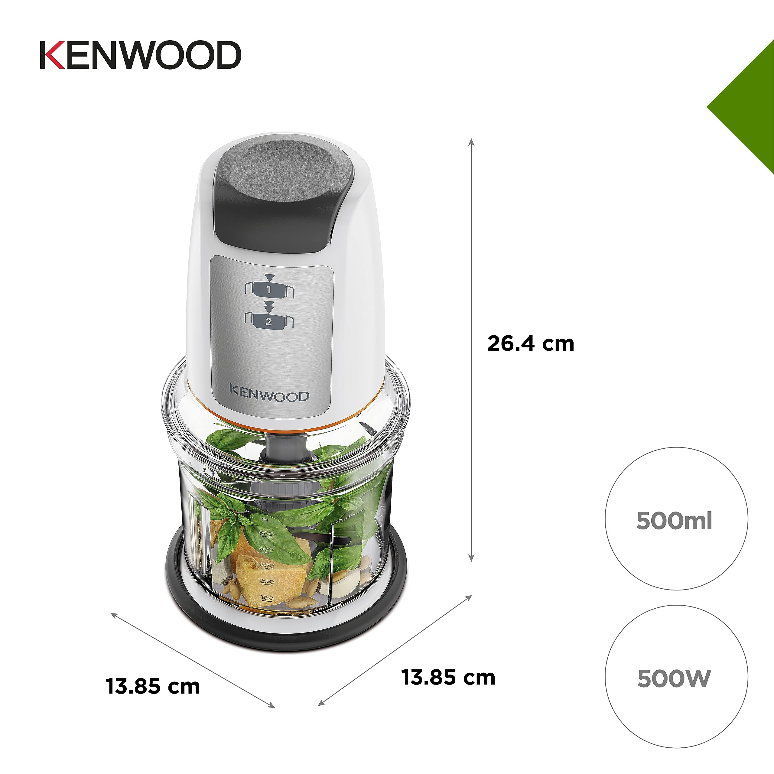 Kenwood Easy Chop Chopper, 0.5L Bowl, 2 Speeds, Quad Blade System, Anti-Slip Ring for Food Chopper Stability, 500W, CHP61.100WH, Dishwasher Safe, White
