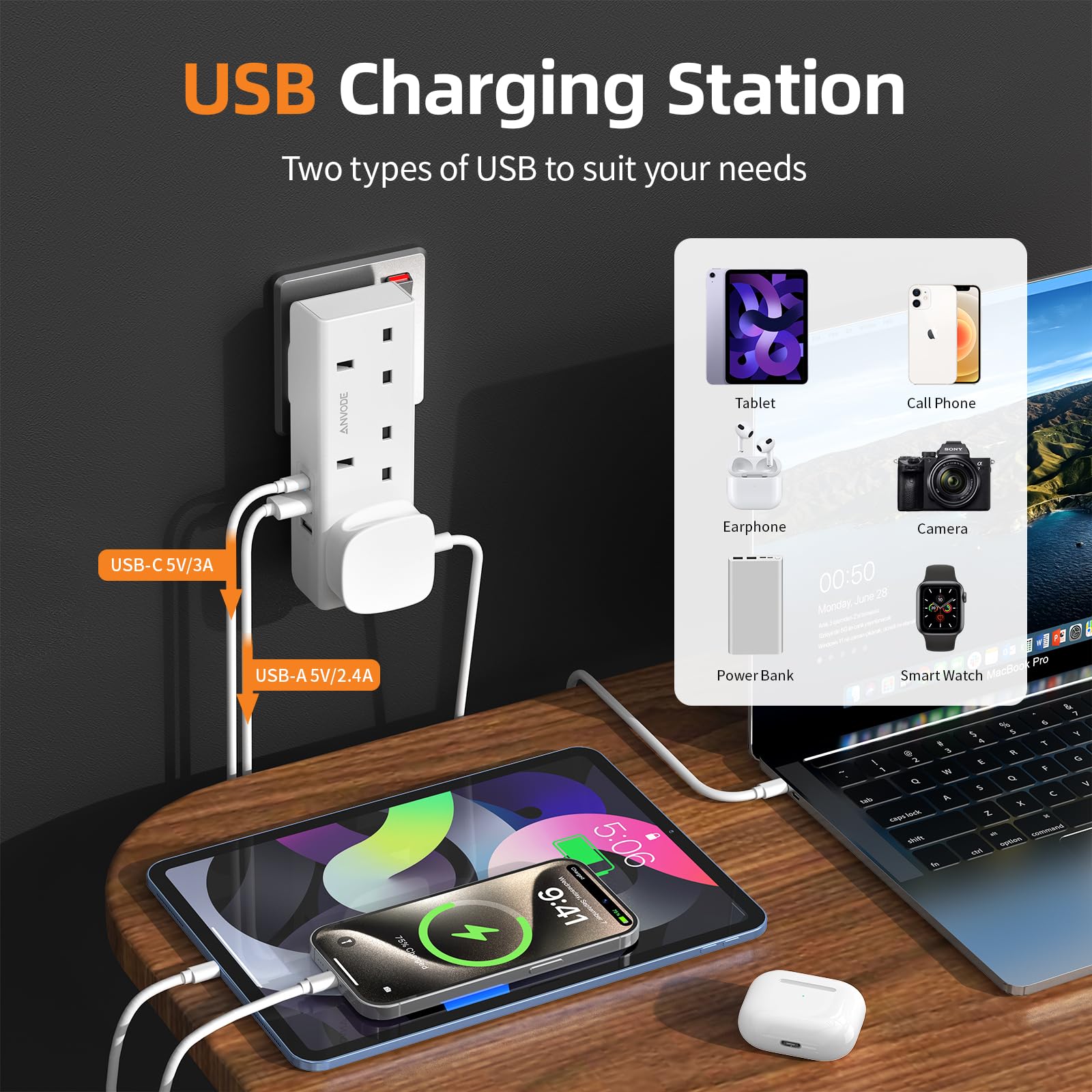 Multi Plug Extension with USB C Slot, 3 Way Plug Wall Charger Socket, Multi Outlets Extender Adapter UK for School, Home, Kitchen, Office (White)
