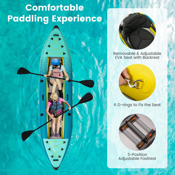 GYMAX Inflatable Kayak Set, 2-Person Inflatable Boat with Aluminum Oars, EVA Padded Seat, Fins, Hand Pump, Repair Kit and Carry Bag, Blow Up Canoe for Lakes, Rivers & Sea Shores