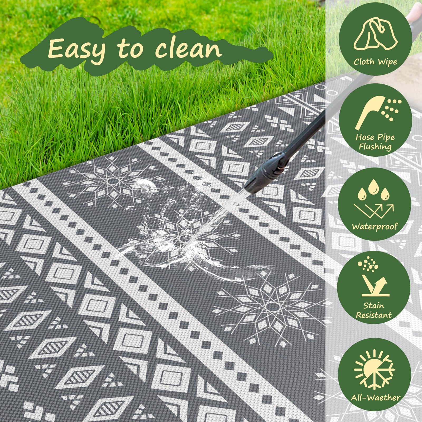 MOKANI Large Outdoor Rug for Patio Waterproof, Reversible Garden Rugs 180x270 cm, Plastic Carpet, Lightweight Foldable Boho Area Mats, UV Resistant