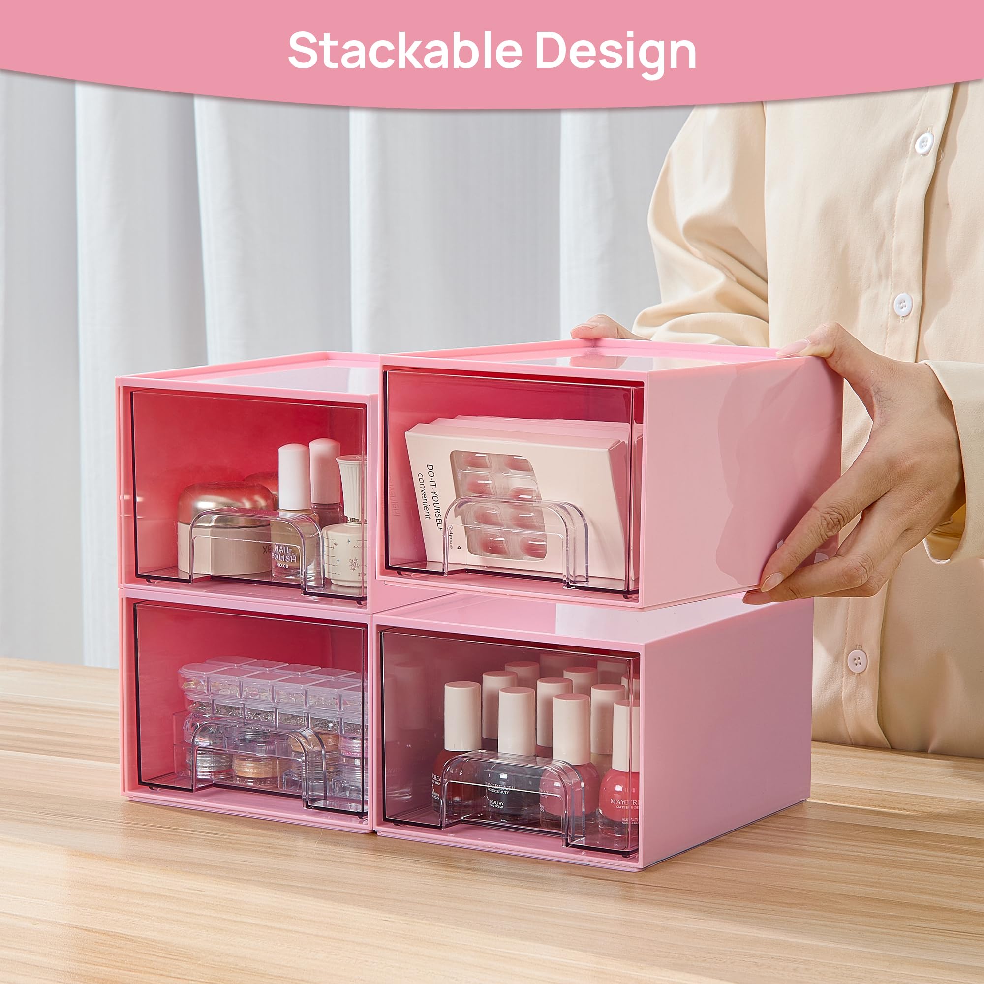 Vtopmart 4 pack Clear Stackable Storage Drawer, 4.4 Inch Tall Acrylic Bathroom Makeup Organiser, Plastic Storage box for Vanity, Under Sink, Kitchen Cupboard, Pantry, Home Organization