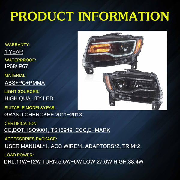 VLAND Headlights Compatible with Jeep Grand Cherokee 2014-2022, Front Light with Sequential Turn Signal and Blue Dynamic Startup DRL