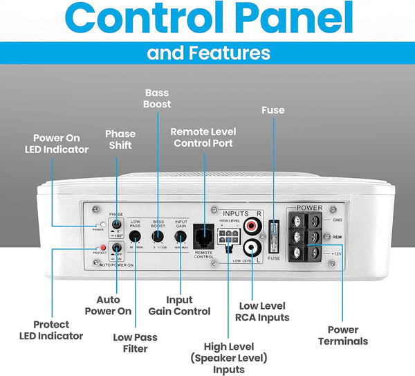 Pyle 8-Inch Low-Profile Amplified Subwoofer System - 600 Watt Compact Enclosed Active Marine Underseat Car Subwoofer with Built in Amp, Powered Car Subwoofer w/Low & High Level Inputs