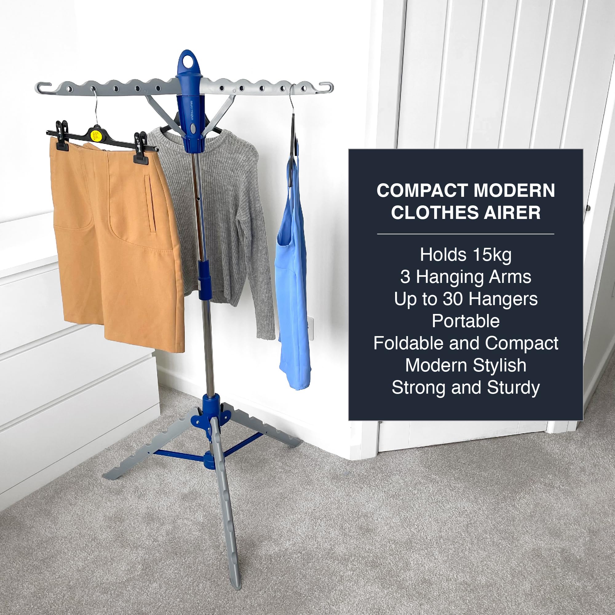 Andrew James Clothes Rail Airer Drier | Adjustable Portable Clothes Horse Tripod Design | Folds Flat for Storage Easy Setup | Great for Indoor Outdoor