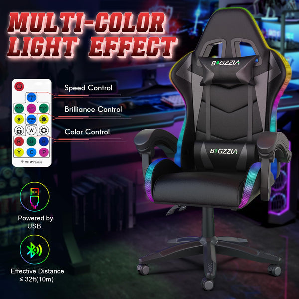 bigzzia RGB Gaming Chair with LED Lights and Ergonomic Computer Chair Reclining PU Leather High Back Video Game Chair with Headrest Adjustable Lumbar Support Linkage Armrest for Adults (Black/Grey)