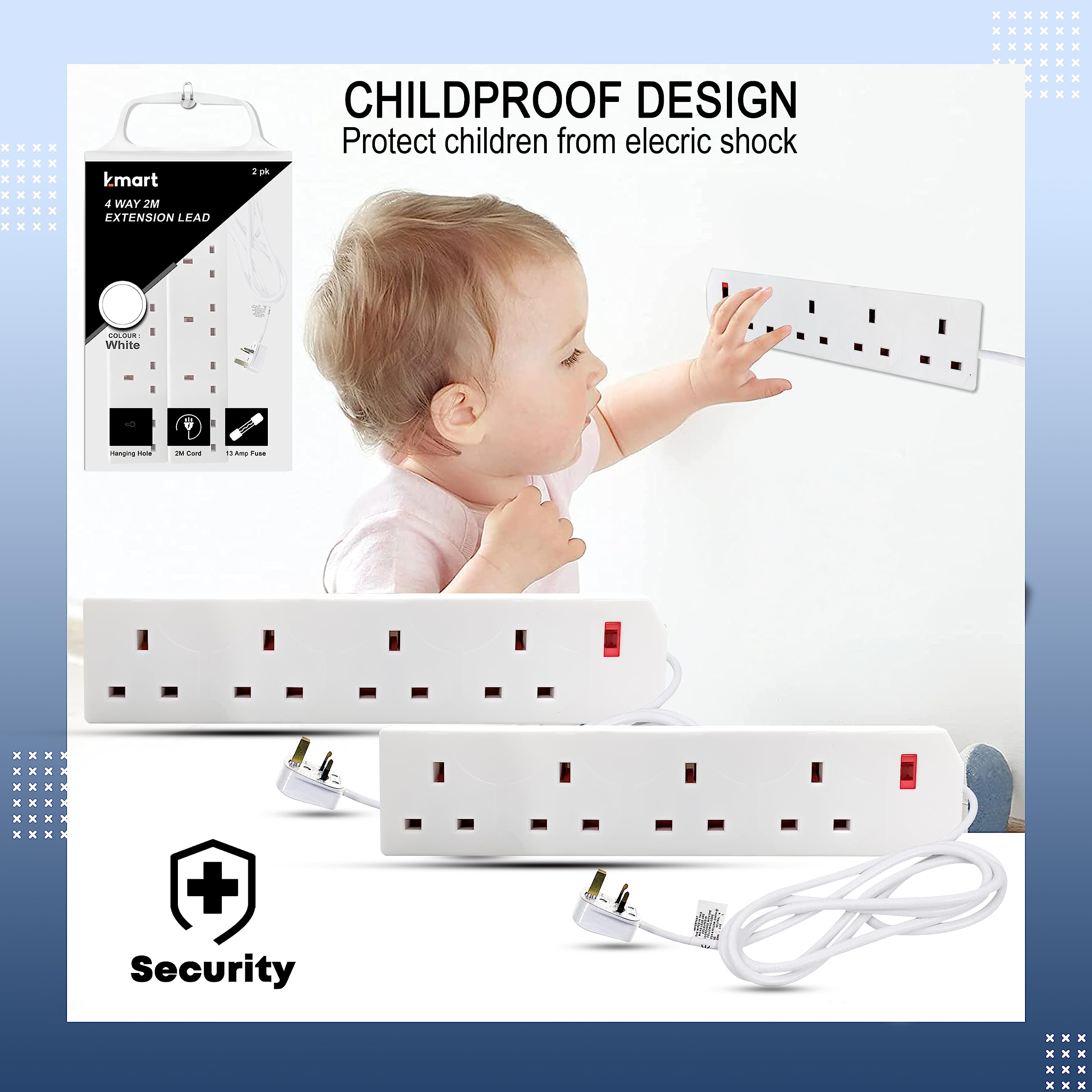 K-MART Heavy Duty Extension Lead UK Pin Plug and Cable, 4 Gang Way 2m Power Adapter, Multi Socket Mains Strip (White, 1 Pack)