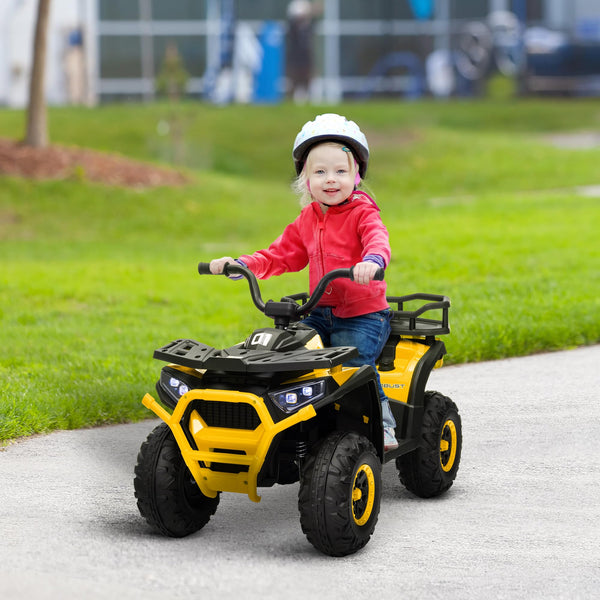 AIYAPLAY 12V Kids Electric Ride on ATV, Battery Powered Quad Bike with 4 Suspension Wheels, Forward Reverse Function, Headlights, Music, Storage Basket, for Ages 3-5 Years, Yellow
