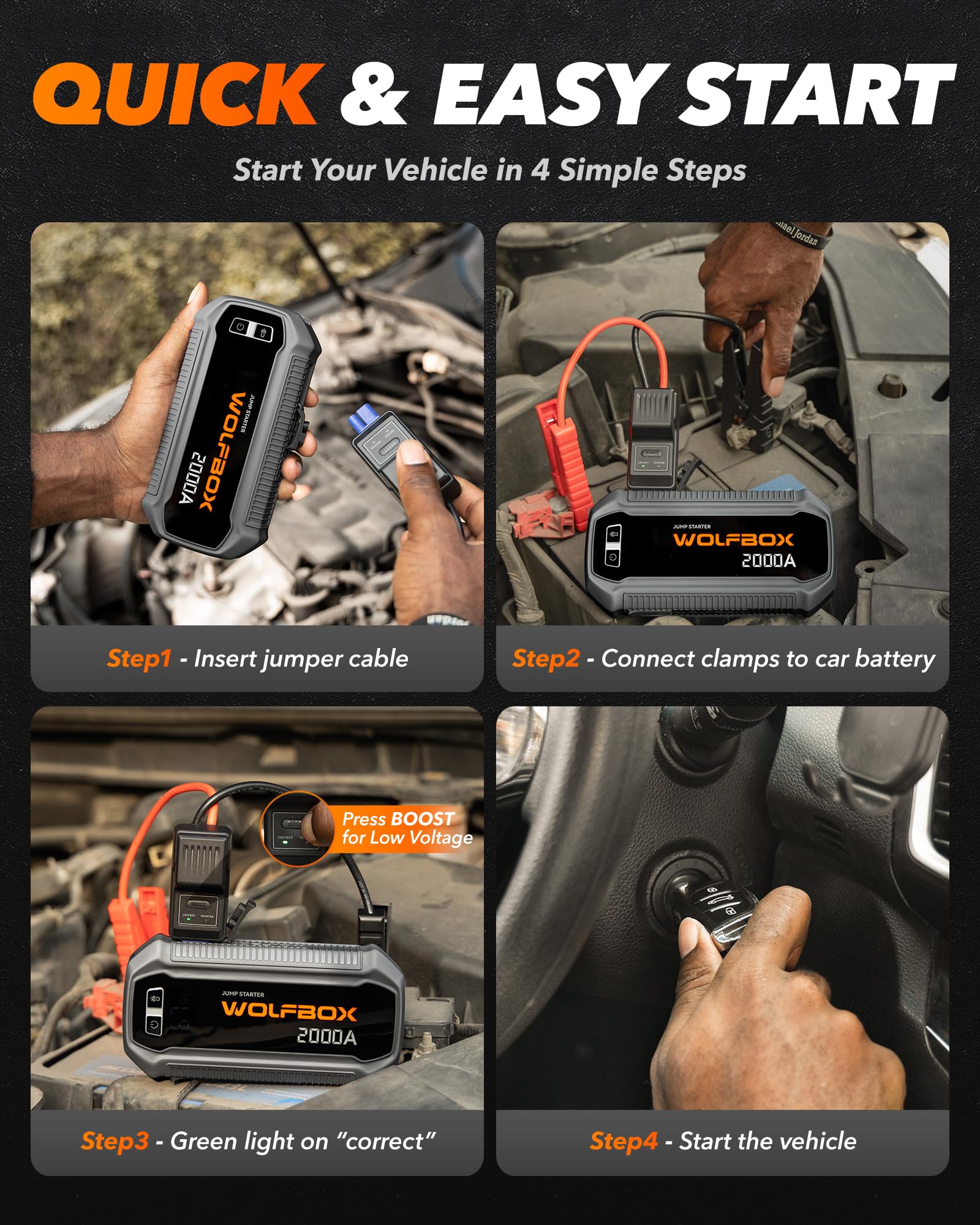 WOLFBOX 4000A Jump Starter Power Pack, 12V Car Battery Booster Jump Starter with 65W Quick Charger, 24000mAh Battery Booster Pack (10L Gas 10L Diesel Engine) with LED Light, Jump Pack, Jump Leads