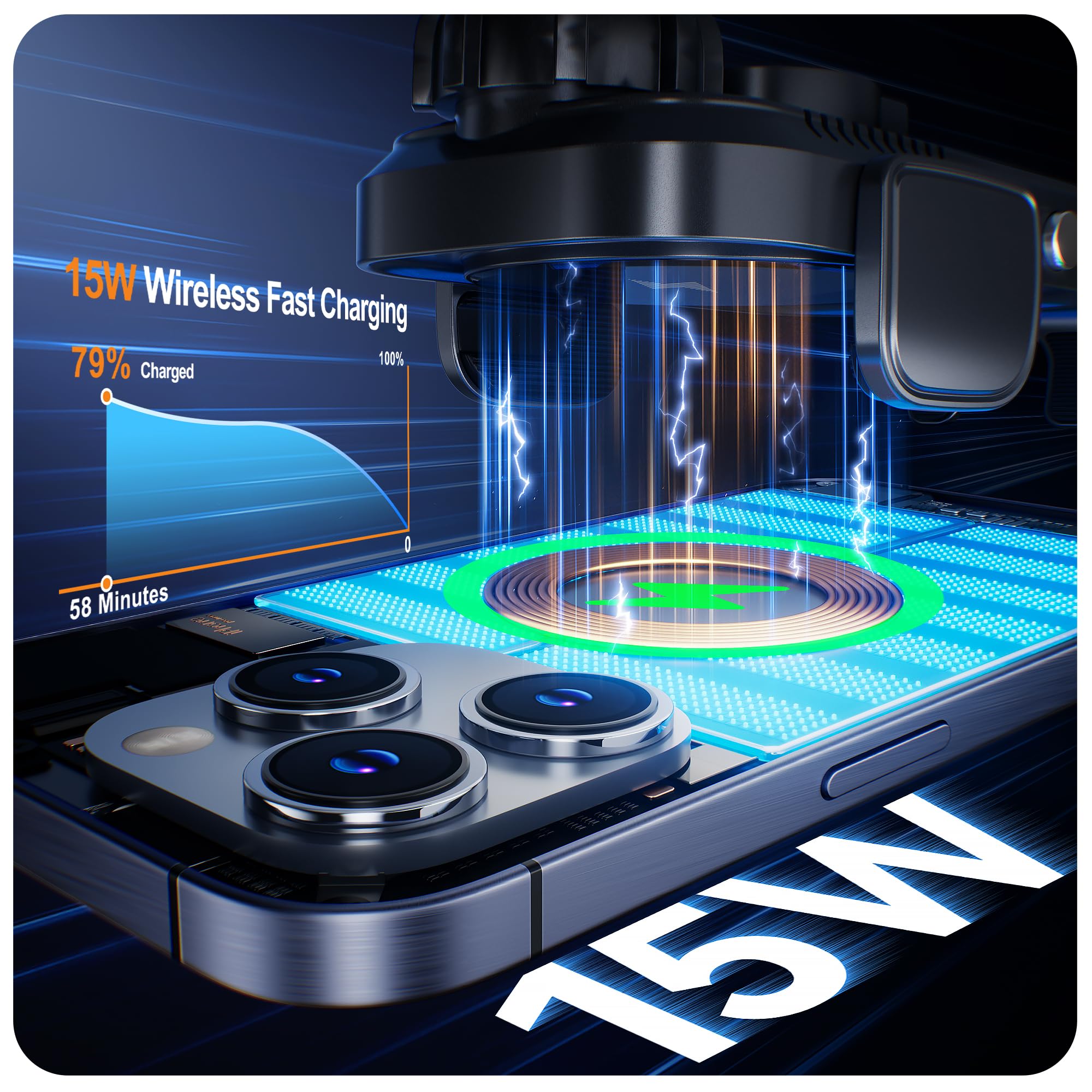 Auckly Qi 15W Car Phone Holder Wireless Charger, [270 ° Automatic Clamping], Wireless Car Charger Mount, Air Vent, for iPhone 11 12 13 14 15 16 Series & Samsung, Electromagnetic Induction, Black