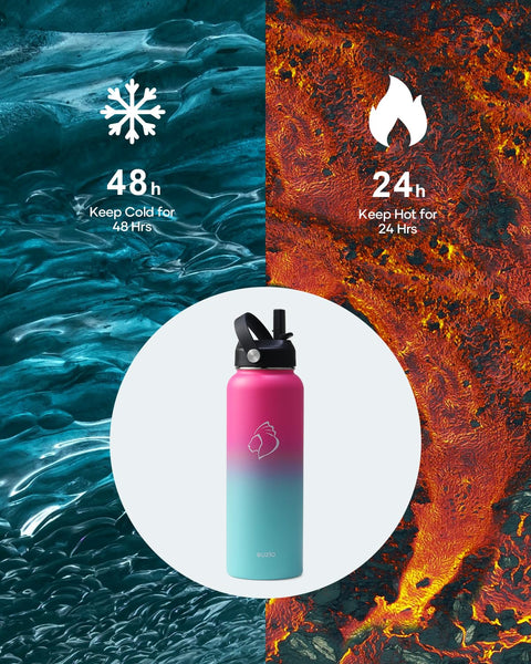 Stainless Steel Water Bottle 2L, BUZIO Vacuum Insulated Water Bottle with Straw Lid and Flex Cap Cold for 48 Hrs, Hot for 24 Hrs Double Wall Wide Mouth BPA Free Leak Proof, Black