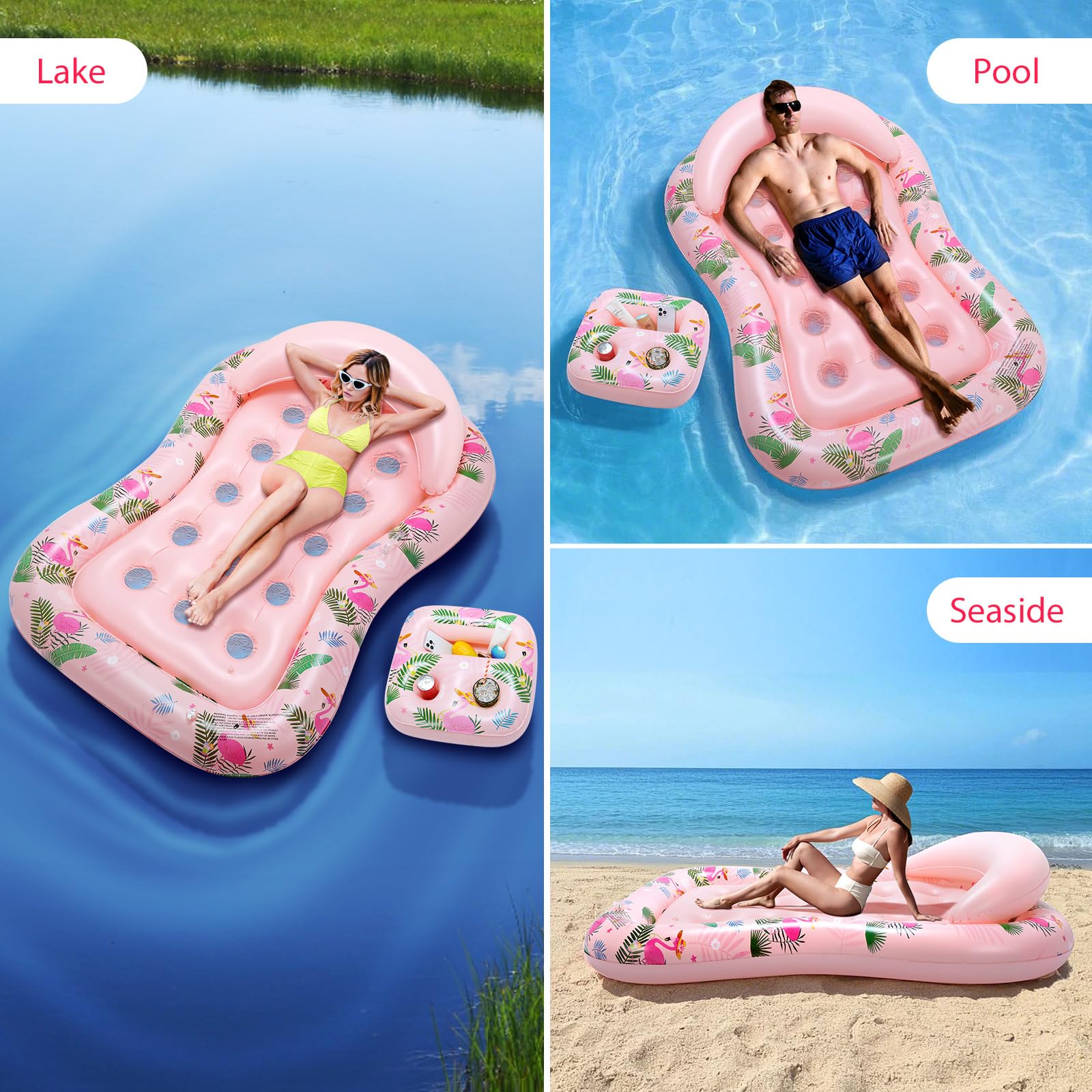 MoKo Pool Floats Adult, Floating Bed with Ice Bar, Tanning Bed Pool Raft Inflatable Lounger with Drink Holder Tanning Chair Inflatable Pool Toys for Party Beach Backyard
