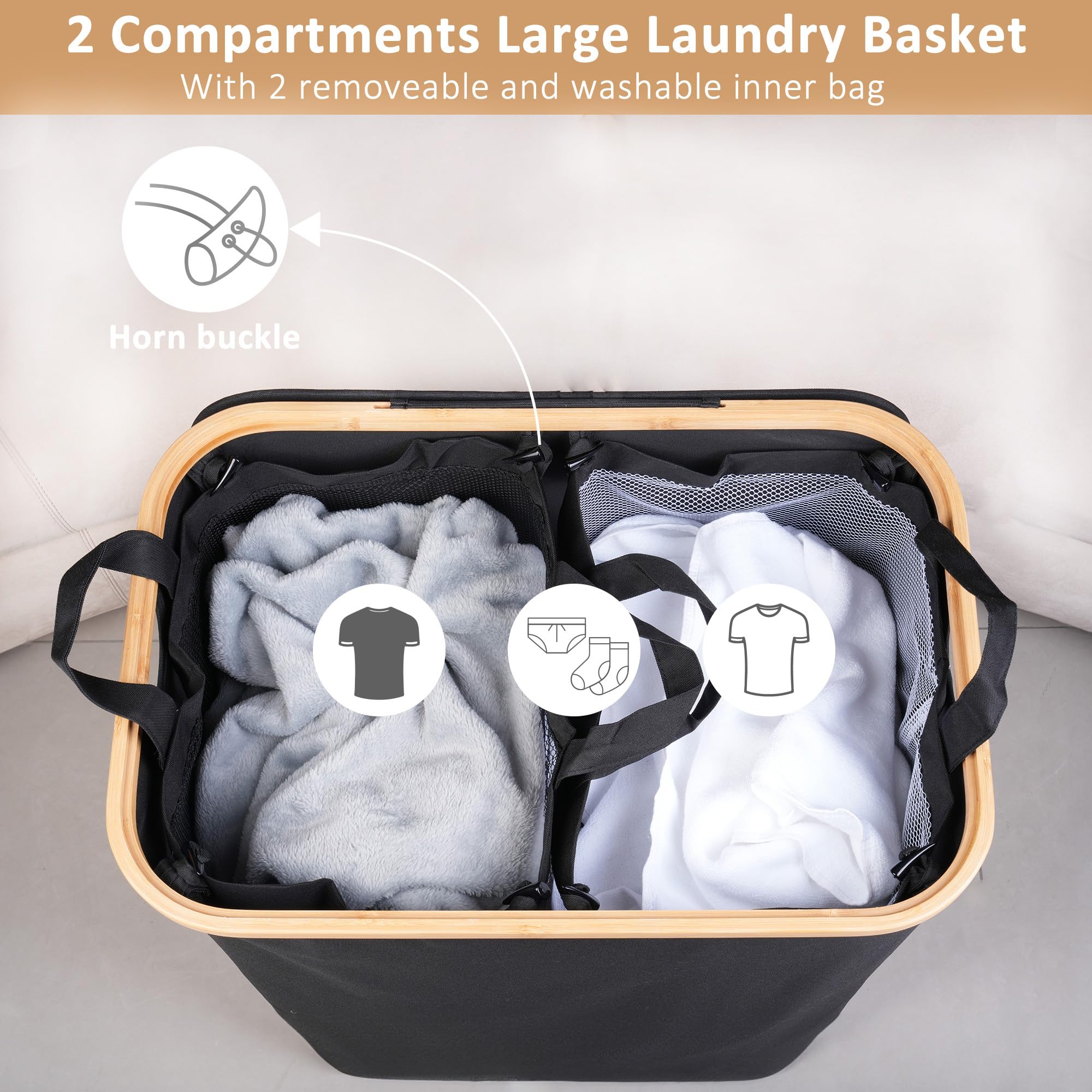 iEGrow Large Laundry Basket with Lid 150L, Double Laundry Baskets with Removable and Washable Inner Bags, 2 Compartments Foldable Washing Basket for