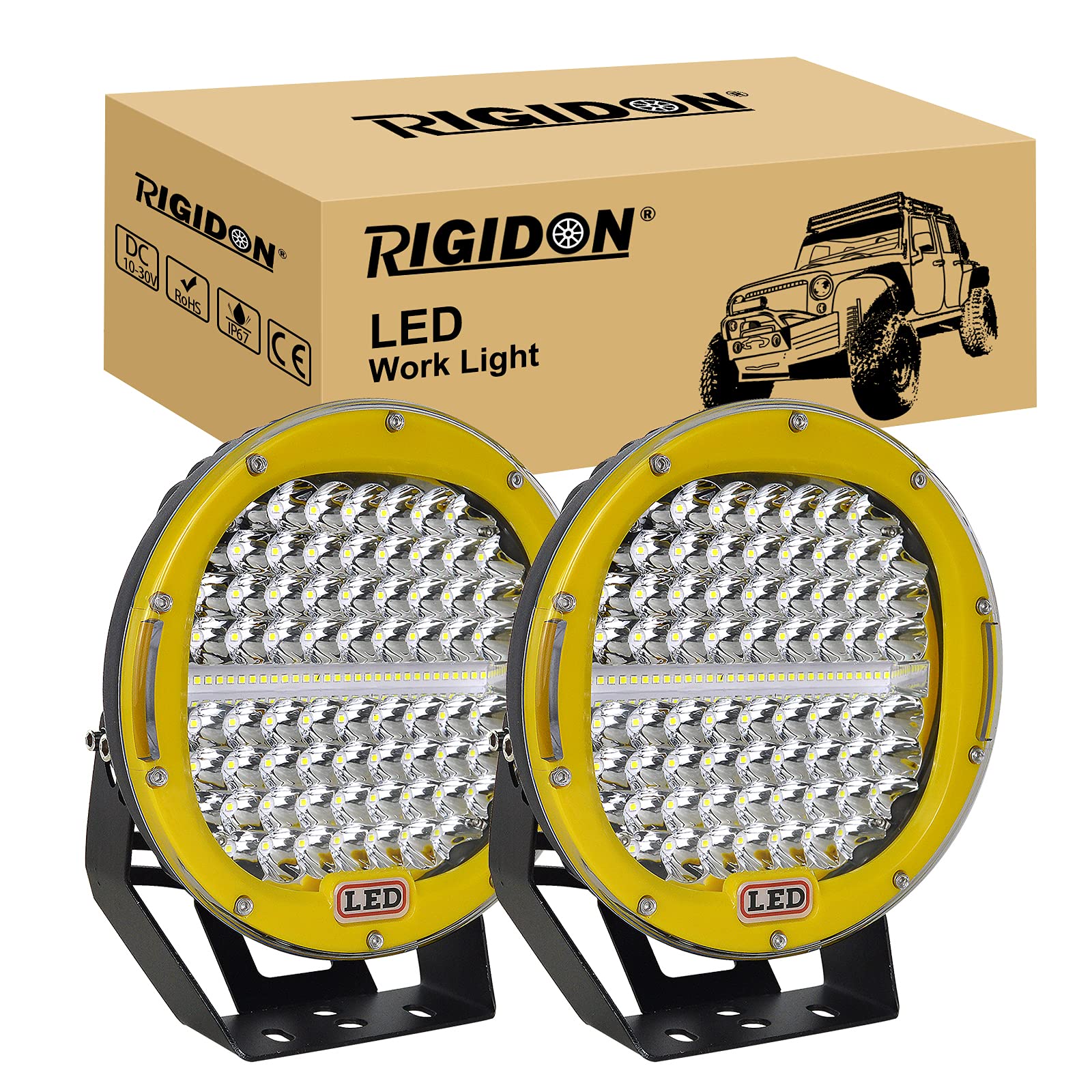 RIGIDON 2 Pcs Black Case Round Led Work Light, 9 inch 294W Spot Beam, 12V 24V Driving Lights Lamp Headlight for Car Off road Boat Truck 4x4 SUV ATV Tractors Excavator, 6000K White, Fog Lamp