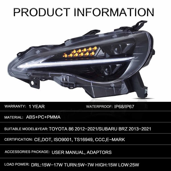 VLAND LED Tail Lights Compatible with Toyota 86 GT86 2012-2020/Subaru BRZ 2013-2020/Scion FR-S 2013-2020, Full LED Rear Light with Sequential Indicator, Red White Lens